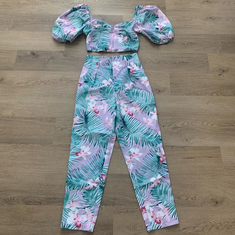 Fashion Nova Pink and Green Jumpsuit with Puff Sleeves